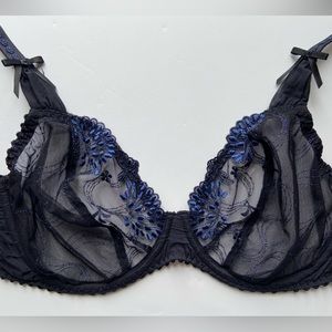Prima Donna Plunge Style Bra, Black w/ Royal Blue Embroidery